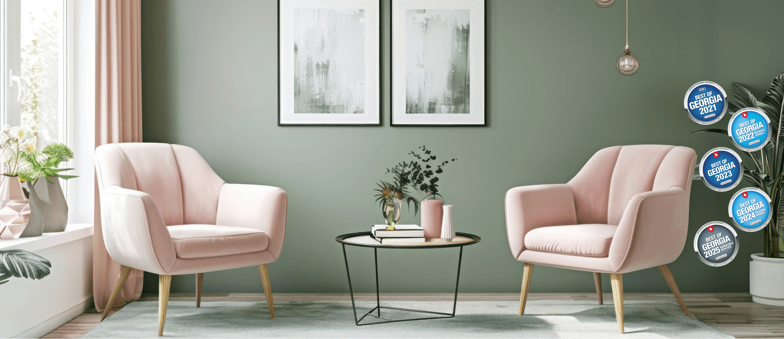 Comfortable and welcoming therapy room with couches in a professional counseling office featuring Best of Georgia seals