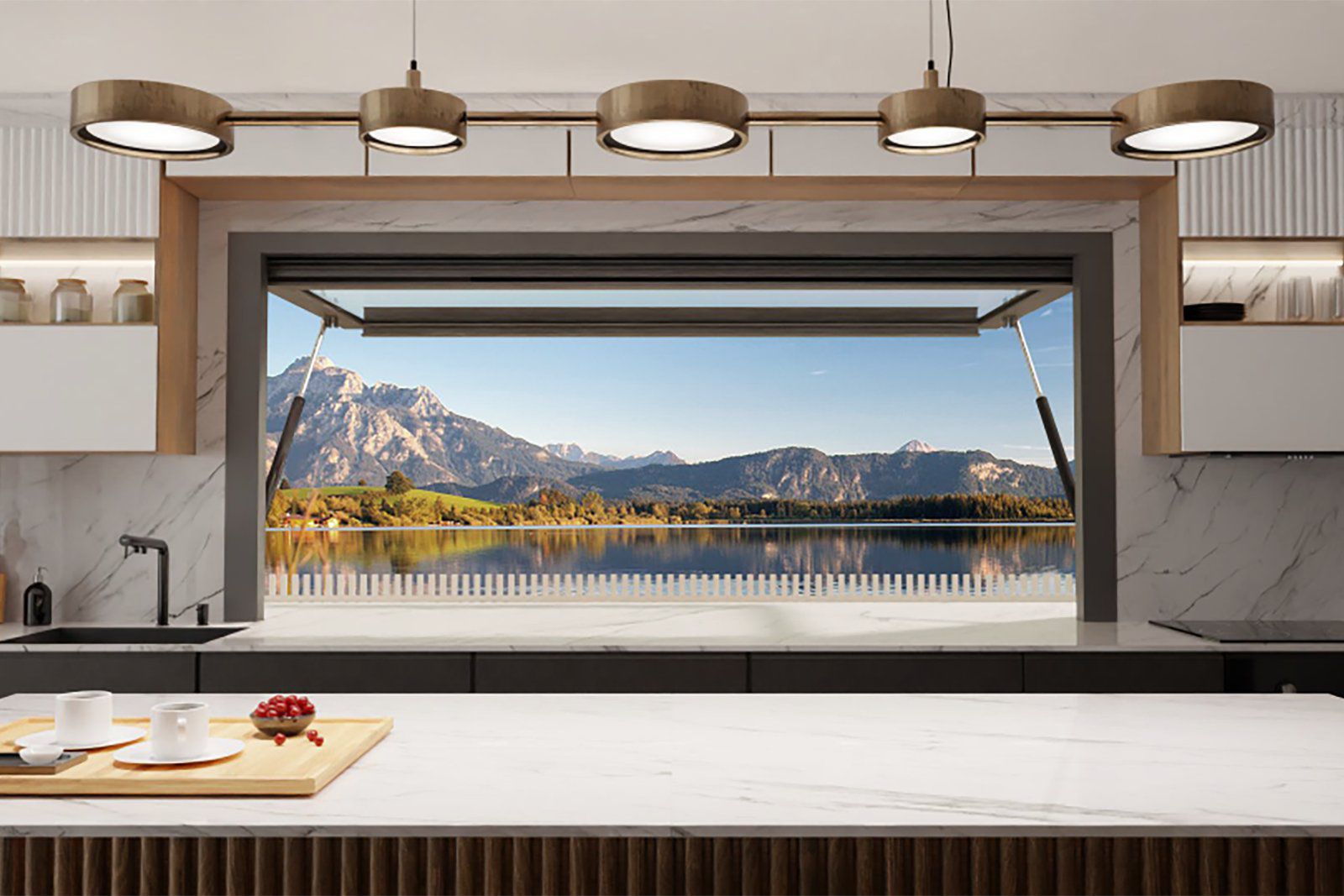 Gas strut awning window creates large pass through from the kitchen to outdoor entertainment area