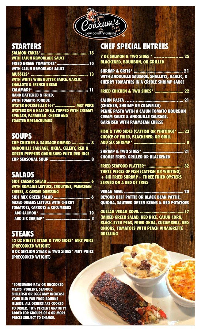 Menu Coaxums Low Country Cuisine