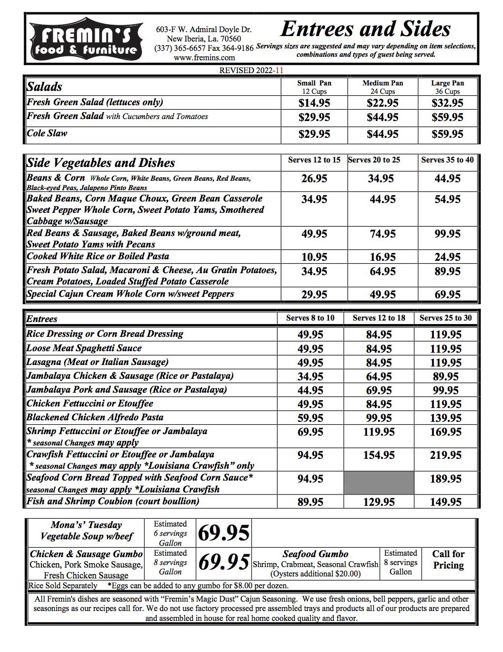 The Menu We Offer Fremin's Food and Furniture