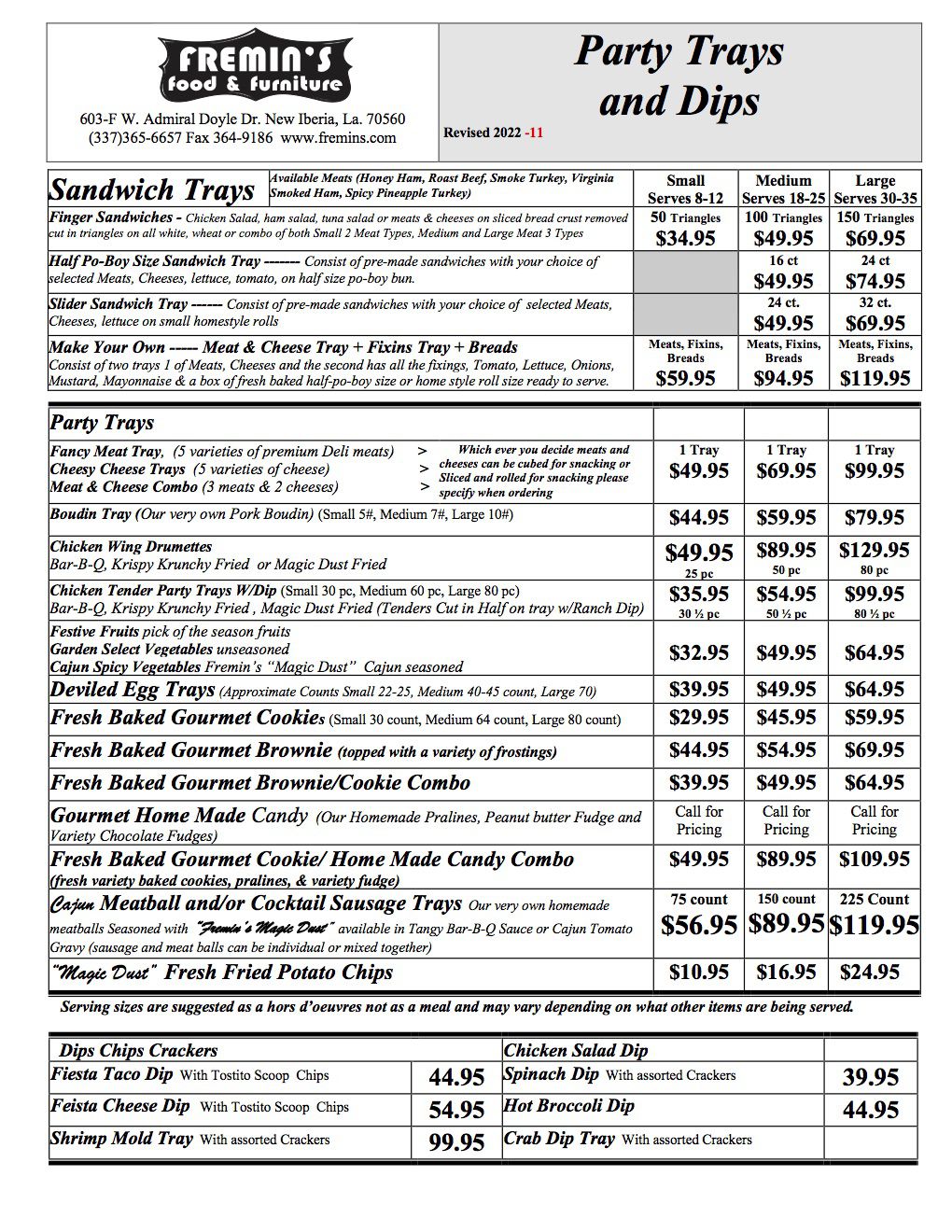 The Menu We Offer Fremin's Food and Furniture
