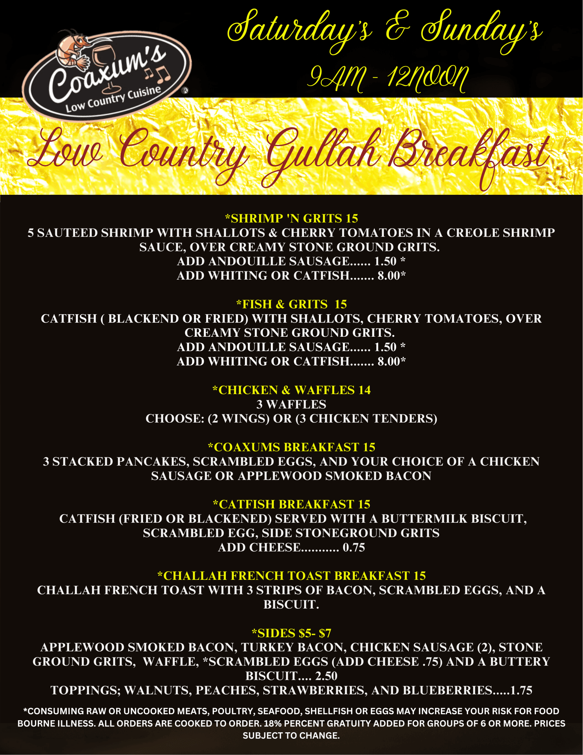 Menu Coaxums Low Country Cuisine