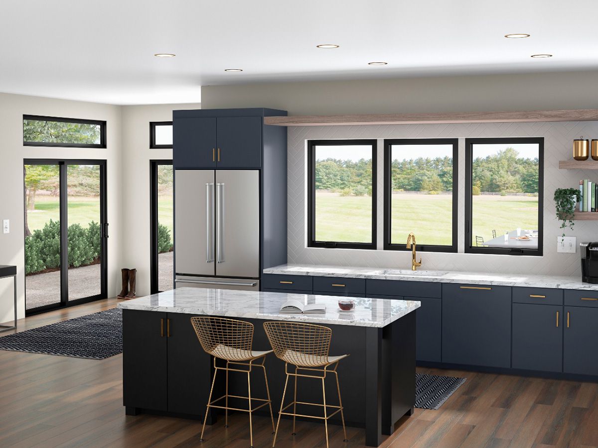 Vinyl sliding patio door by Milgard Trinsic V300 in modern updated kitchen