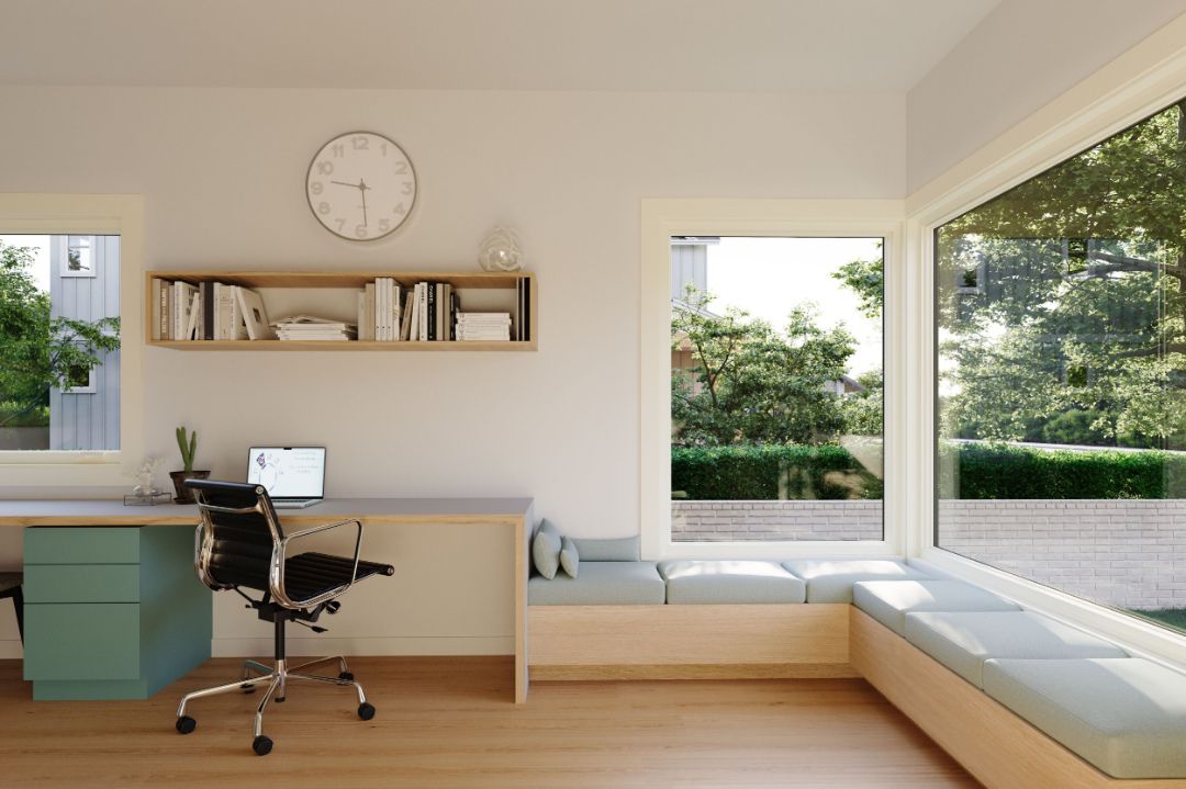Marvin Vivid Ultrex fiberglass windows enhancing natural light in home office design