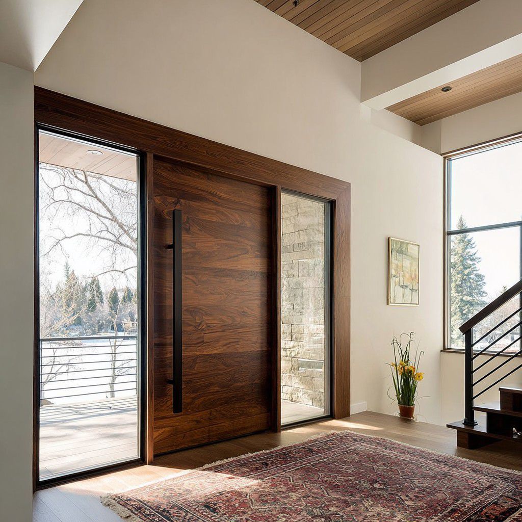 Oversized wood pivot entry door in modern residential entryway
