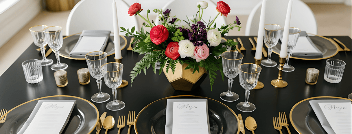 Elegant black and gold wedding tablescape with modern floral centerpiece — holiday proposal planning by Weddings & Events by K’Mich