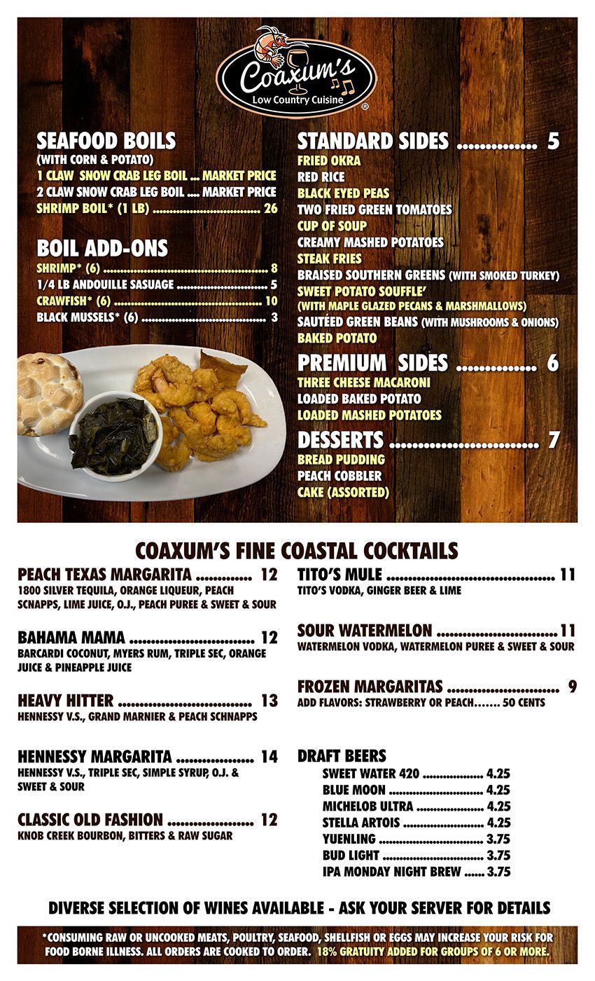 Menu Coaxums Low Country Cuisine