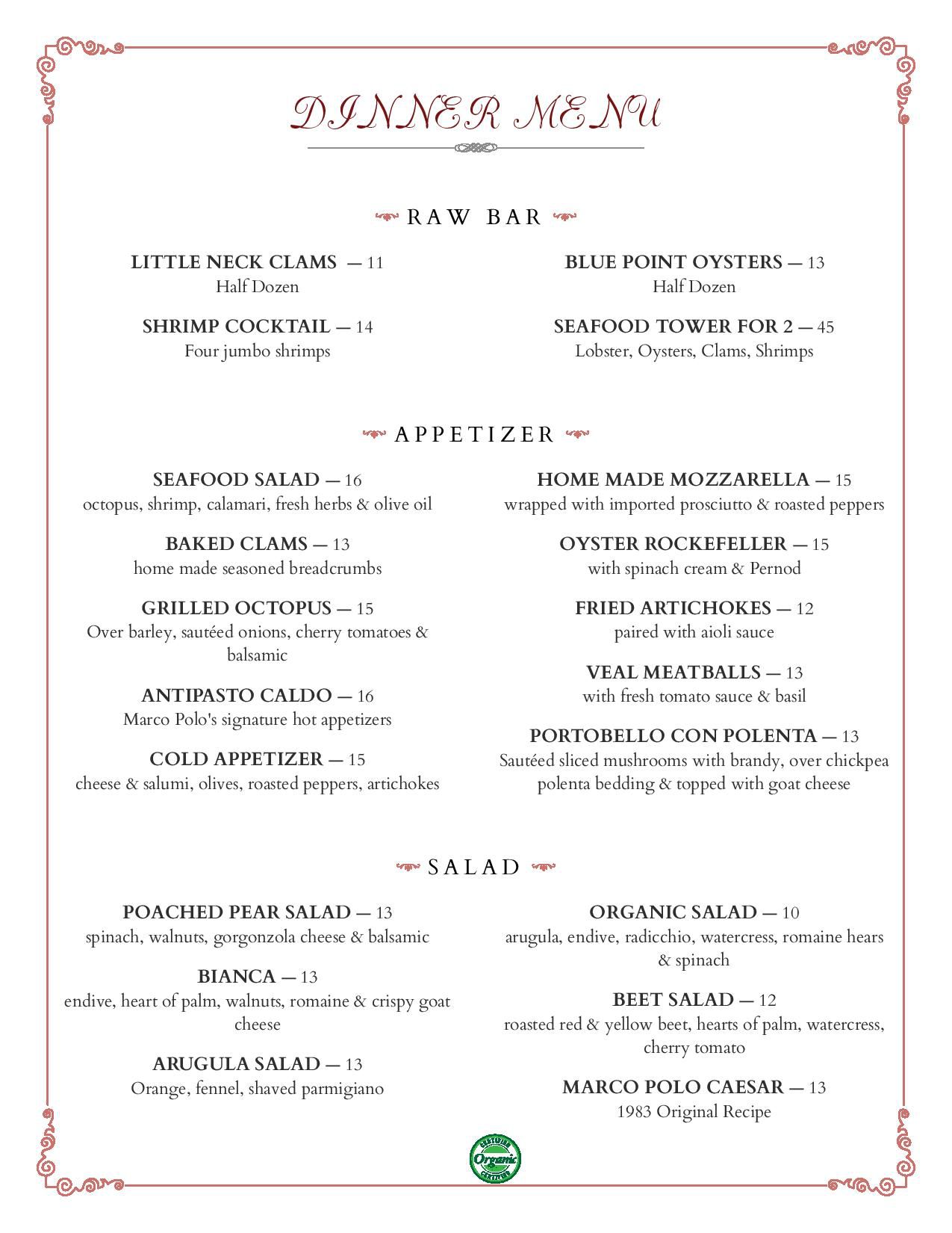 Dinner Menu Marco Polo Ristorante