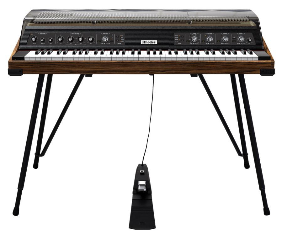 Premium Rhodes MK8 Deluxe electric piano featuring a Walnut wood case, smoked transparent hood, and built-in analog effects.