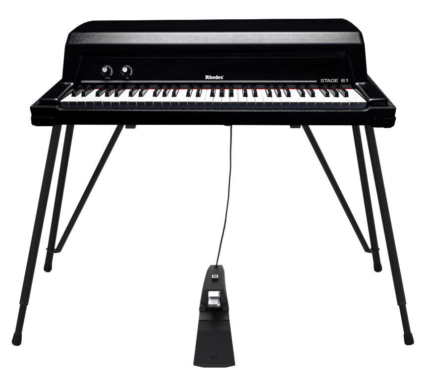 Rhodes MK8 Classic 73-key electromechanical piano in black finish with integrated MIDI sensors and analog preamp.
