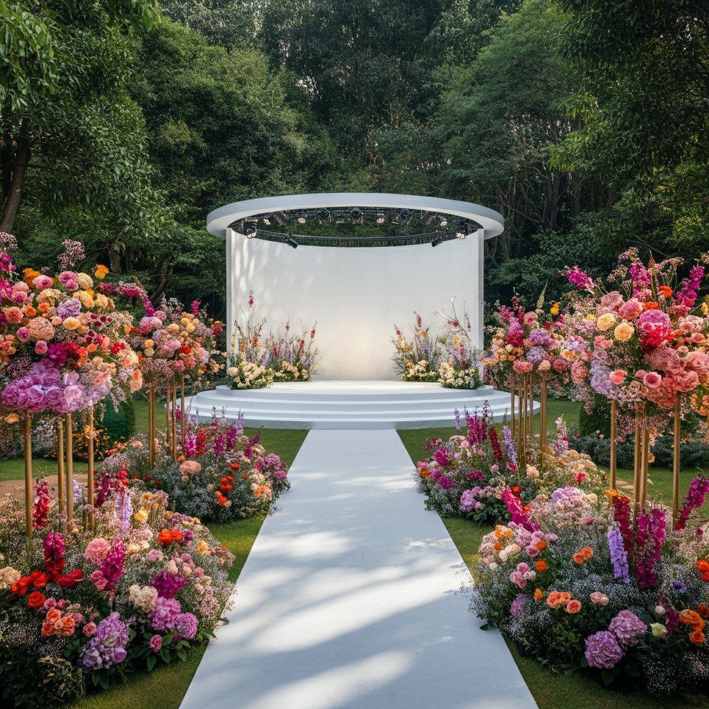 Stunning wedding setup with a white stage and flowers, crafted by Weddings & Events by K'Mich, serving Philadelphia couples