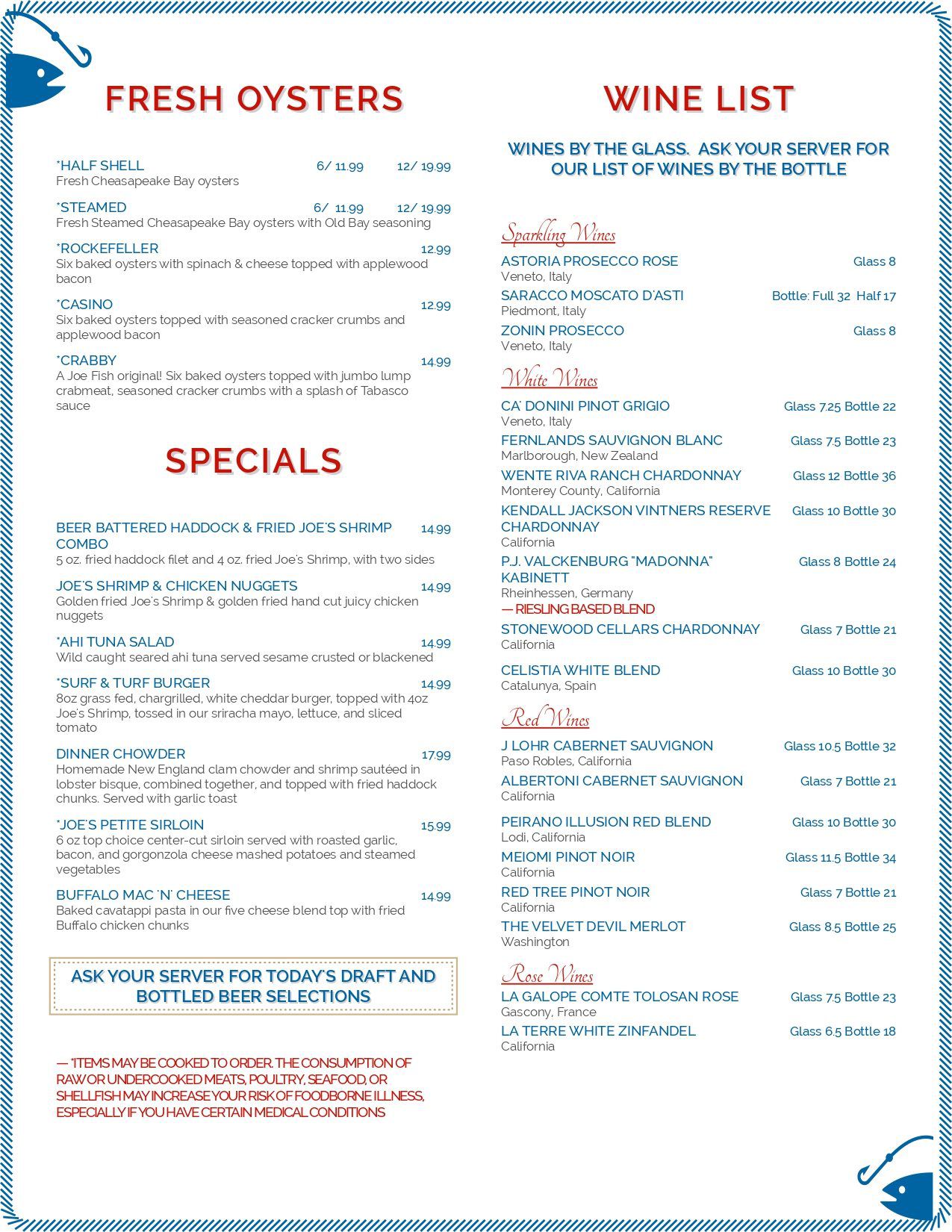 Menu Joe Fish Casual Seafood