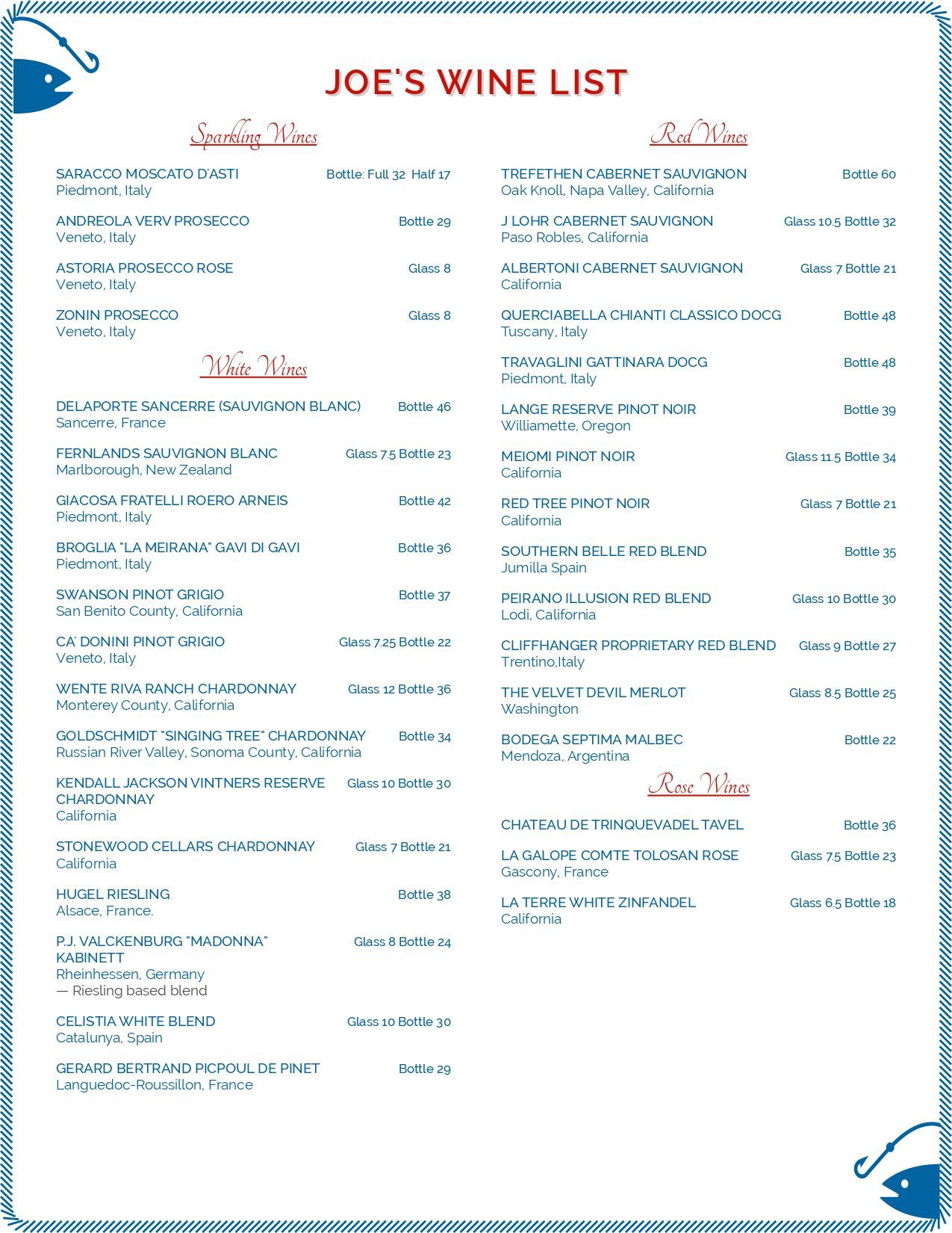 Menu Joe Fish Casual Seafood