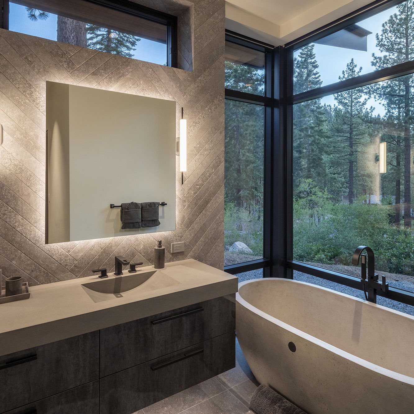 Luxury Truckee Bathroom with Floor-to-Ceiling Windows by California Craftsman