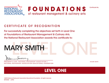 Sample Level One Exam Certificate (above)