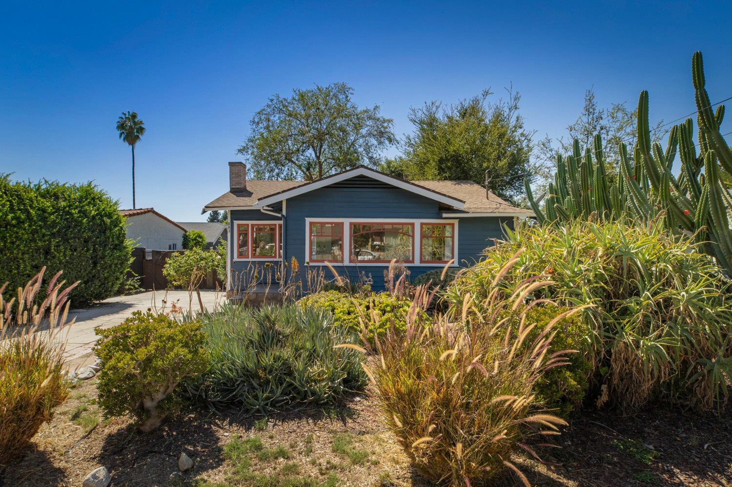 Front exterior of 803 Brooks Avenue featuring a blue Craftsman-style home and drought-tolerant landscaping