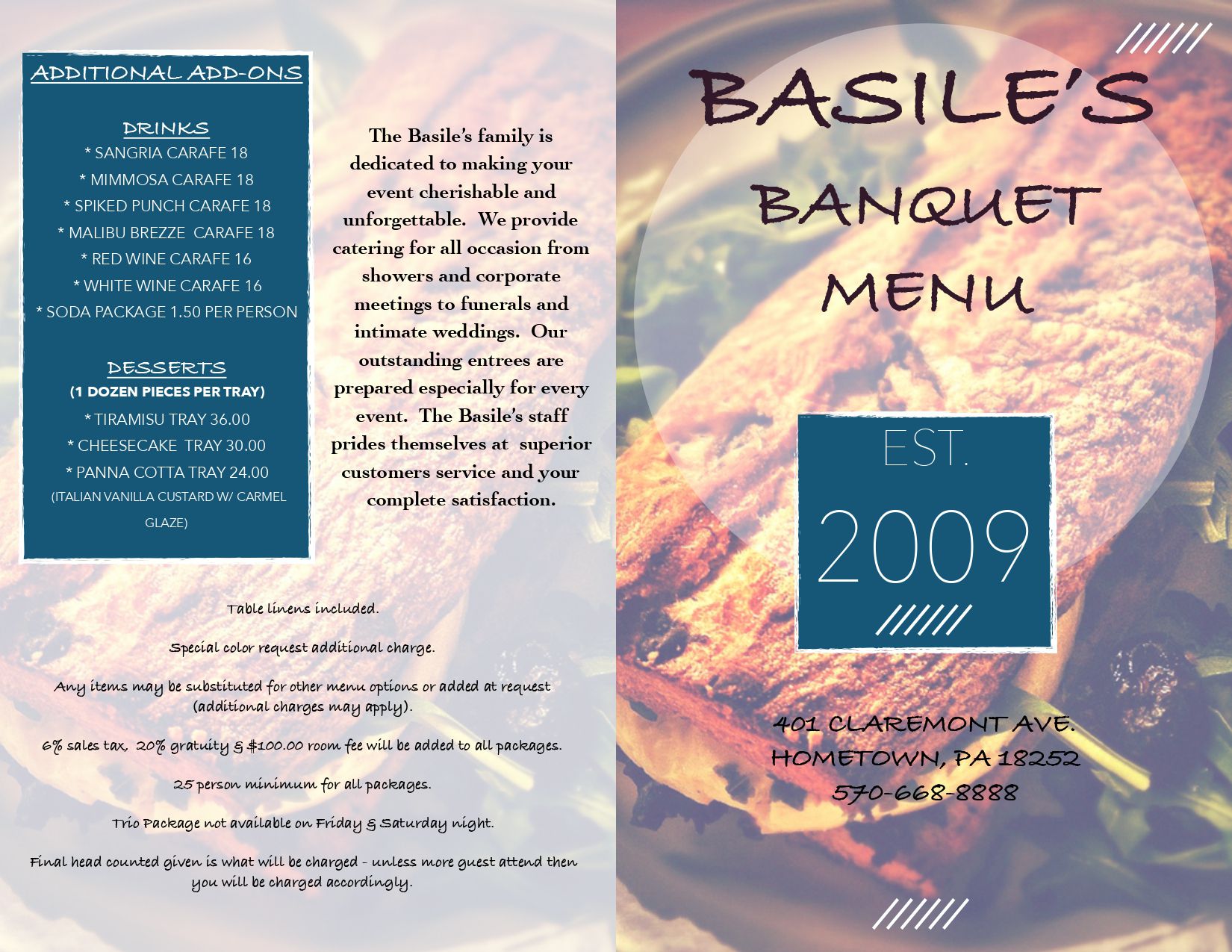 Special Event Menu Basile Italian Delight Restaurant