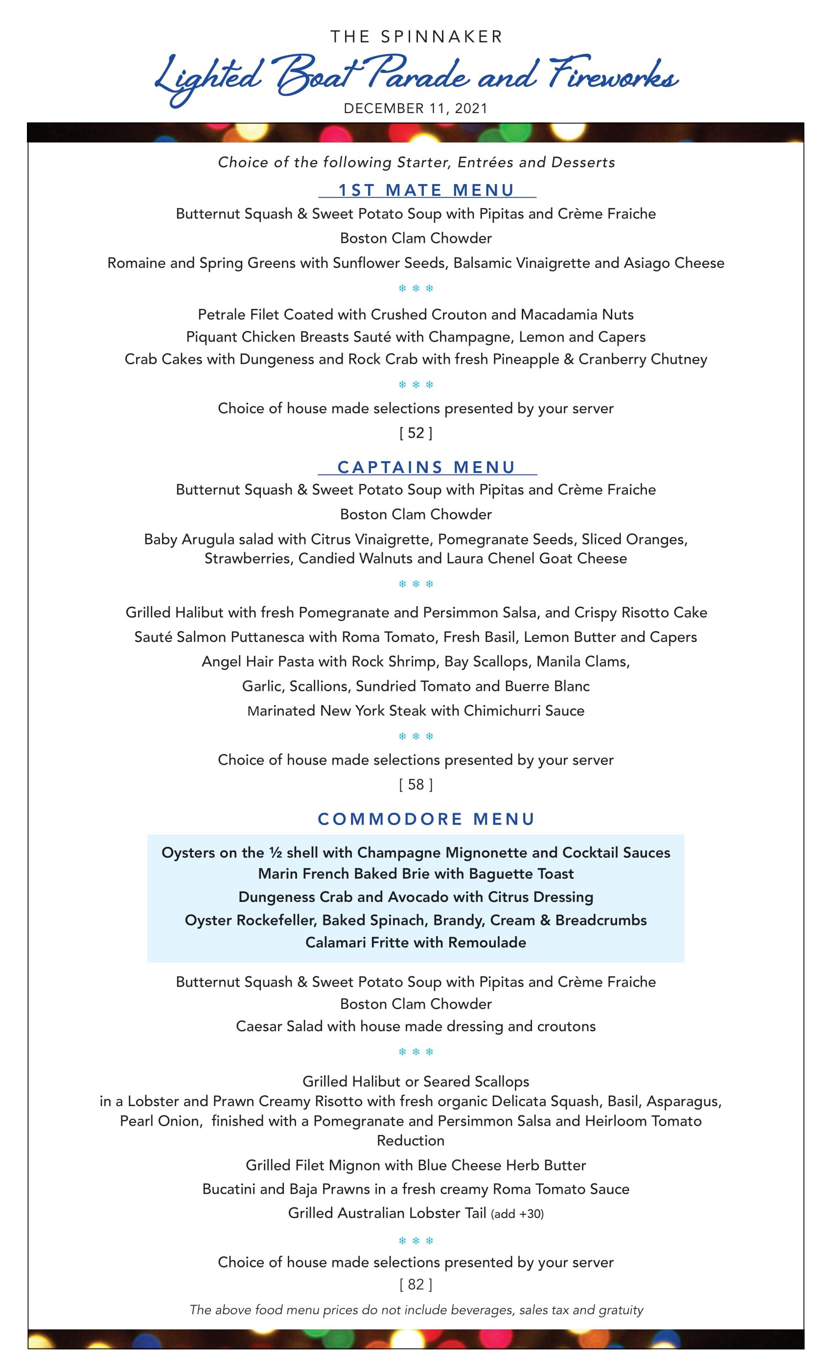 Lighted Boat Parade Dinner and Dessert Menu The Spinnaker