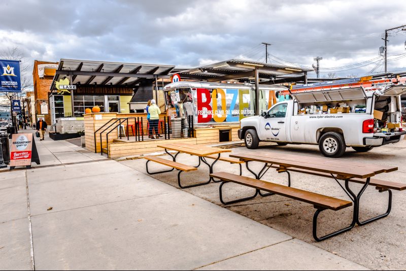 bench and food stall 