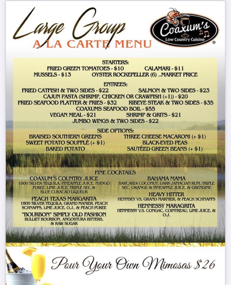 Menu Coaxums Low Country Cuisine