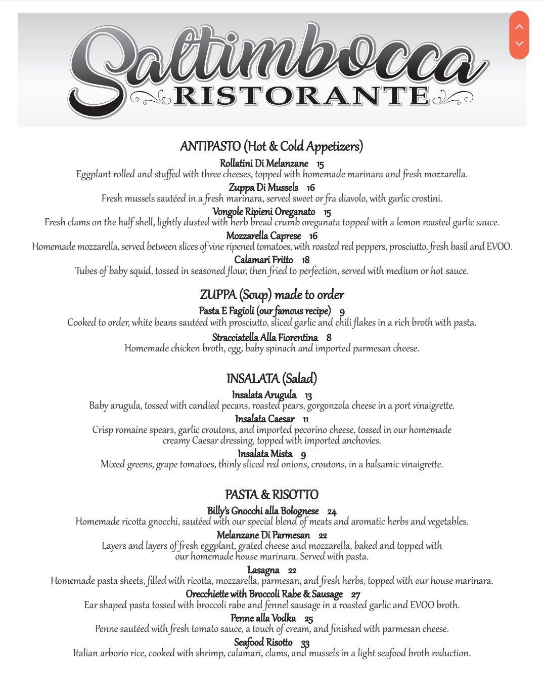 Dinner Menu Saltimbocca Ristorante Brick NJ 7322047901