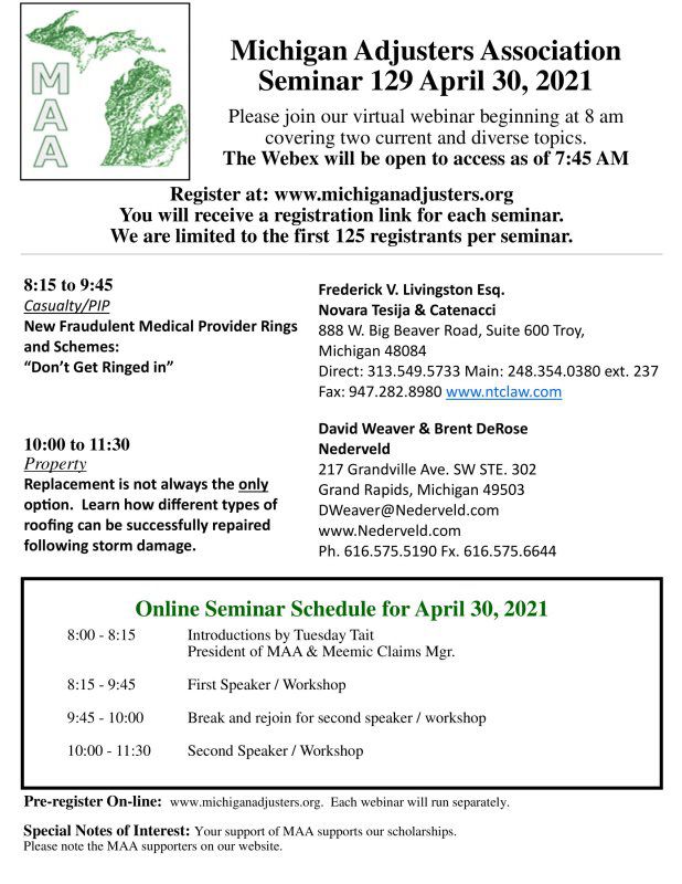 Michigan Adjusters Association Seminar 129 April 30, 2021