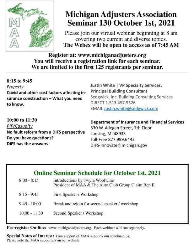 Michigan Adjusters Association Seminar 130 October 1st, 2021