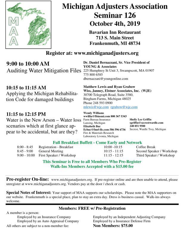 Michigan Adjusters Association Seminar 126 October 4th, 2019