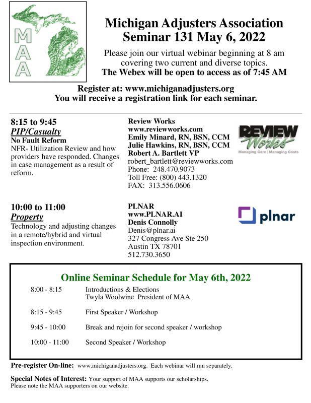 Michigan Adjusters Association Seminar 131 May 6, 2022