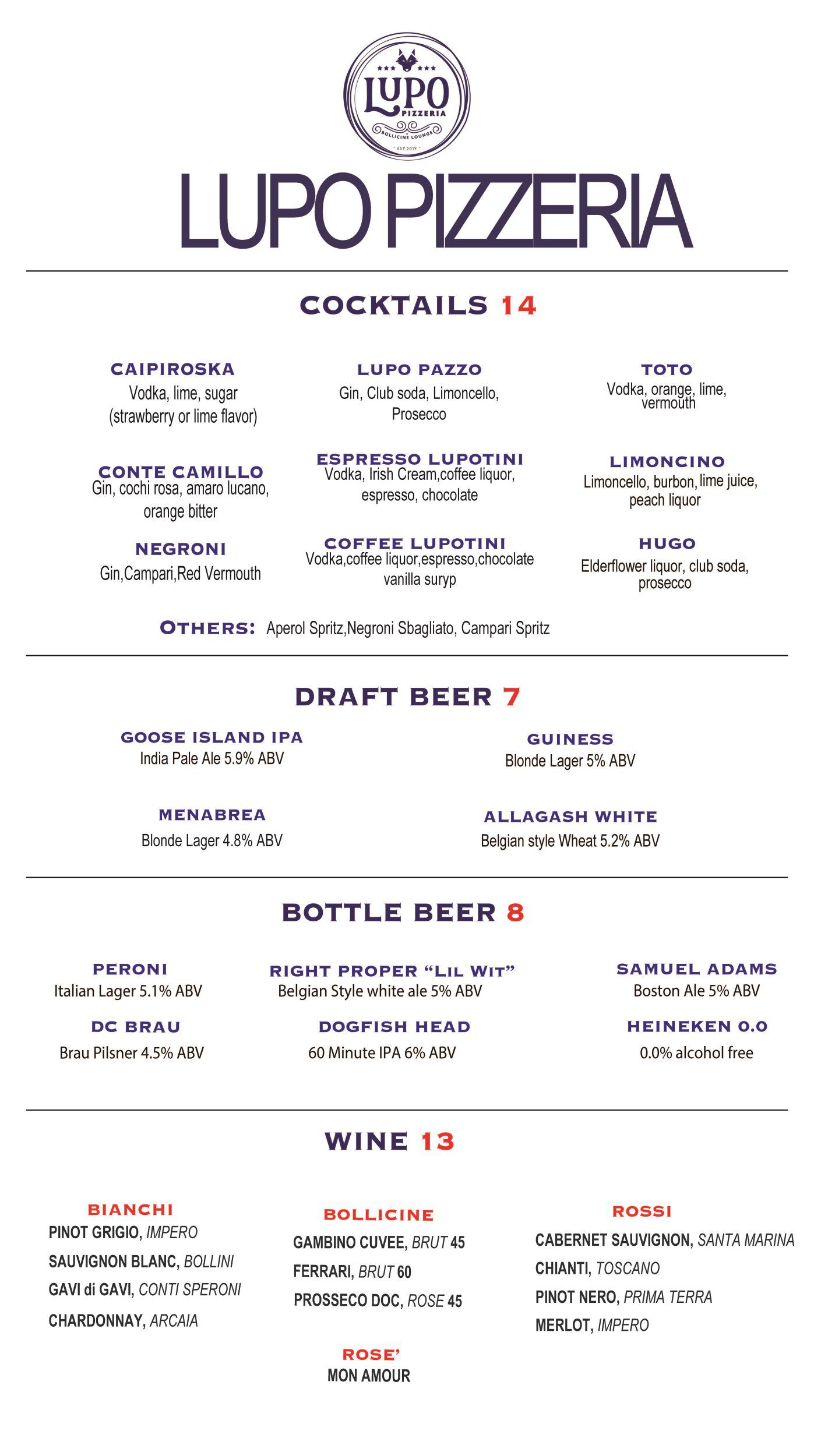 Bar Menu Lupo Pizzeria