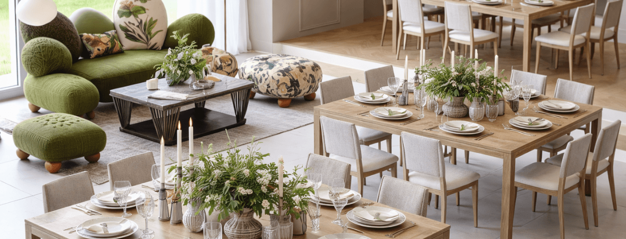 Indoor micro wedding reception with natural wood tables, simple place settings, lush greenery centerpieces, and a relaxed lounge area — holiday proposal planning by Weddings & Events by K’Mich