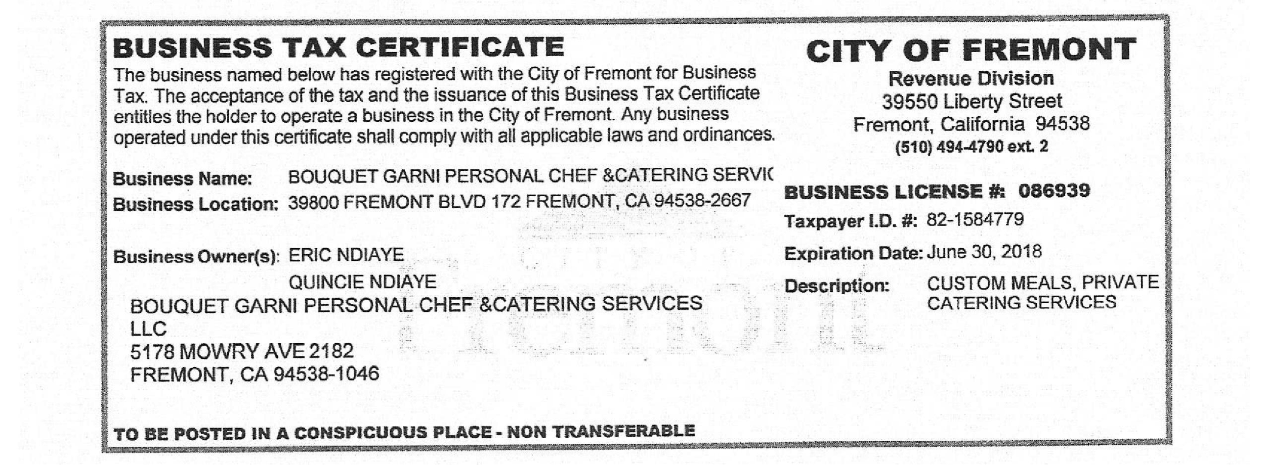 Business Tax Certificate