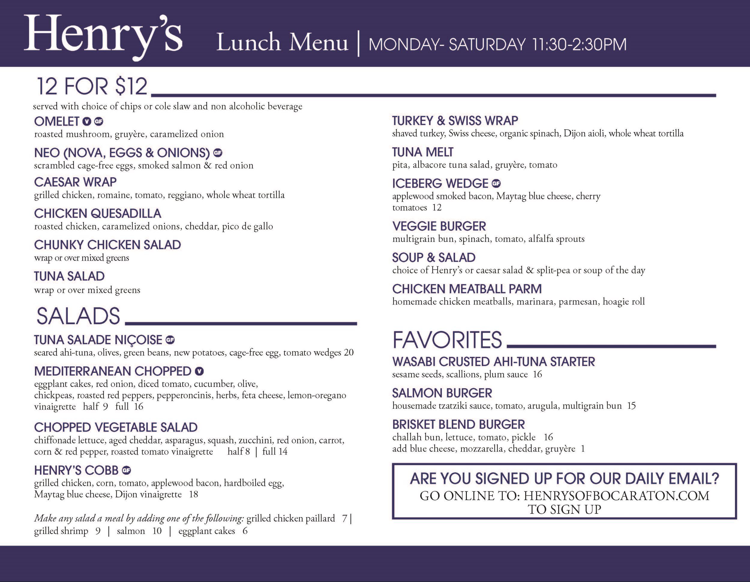 Lunch Menu Henry's