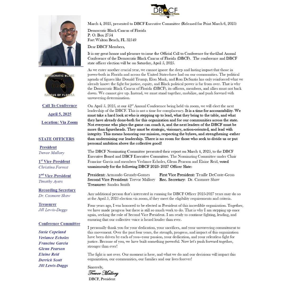 PRESIDENT TREVOR MALLORY‘S OFFICIAL CALL TO CONFERENCE