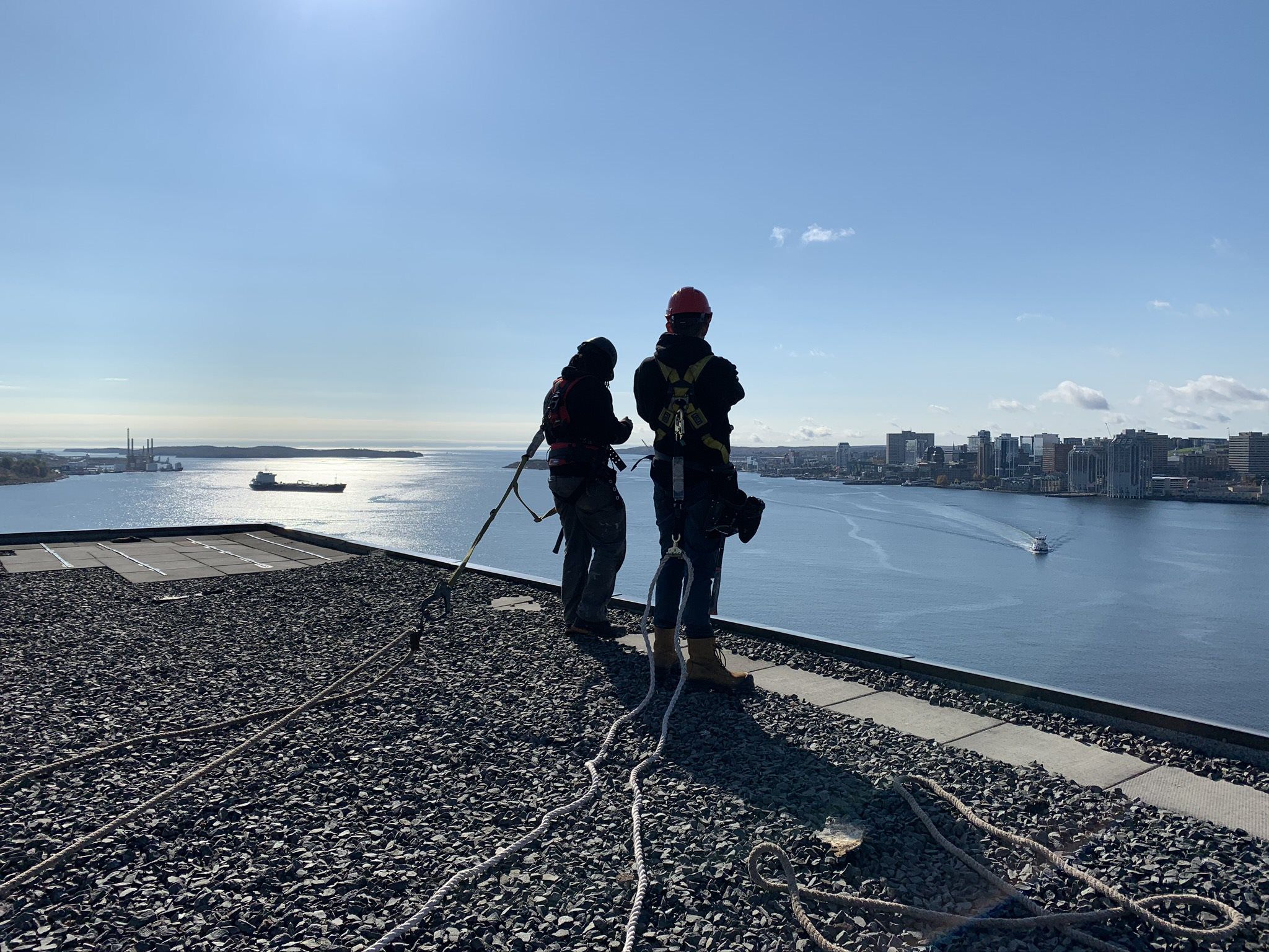 Two man standing on edge of roof looking over