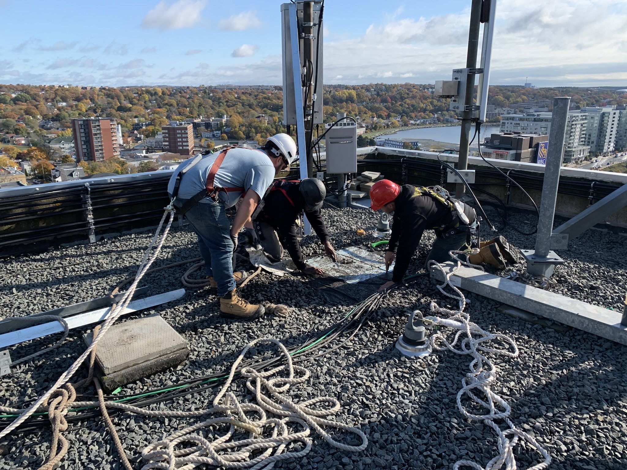 Men repairing satellite on commercial rooftop