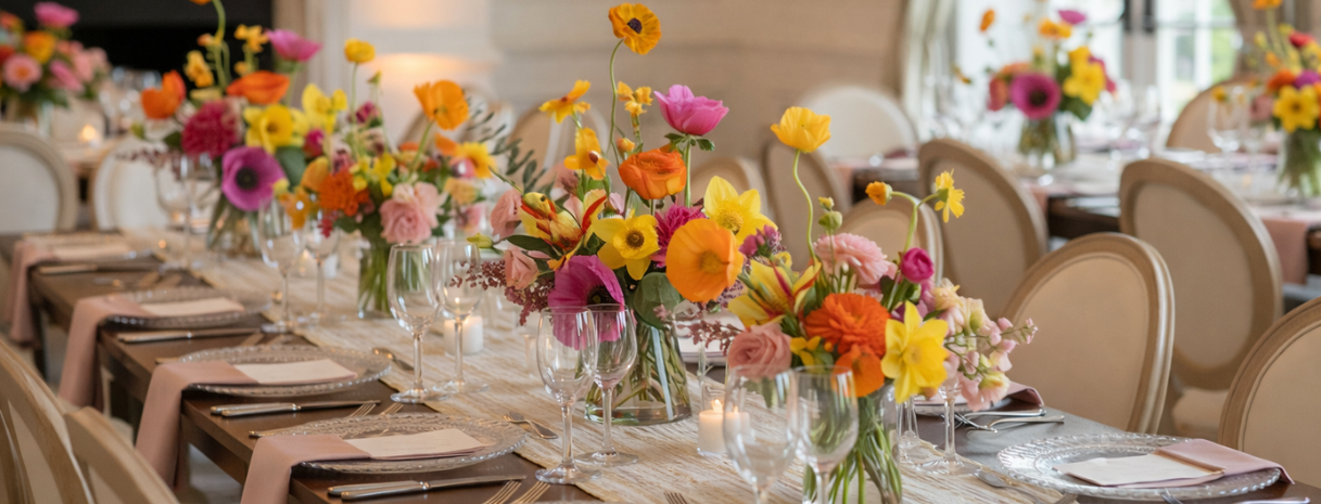 A thoughtfully styled micro wedding table featuring vibrant seasonal florals, layered linens, and candlelight | Weddings by K’Mich