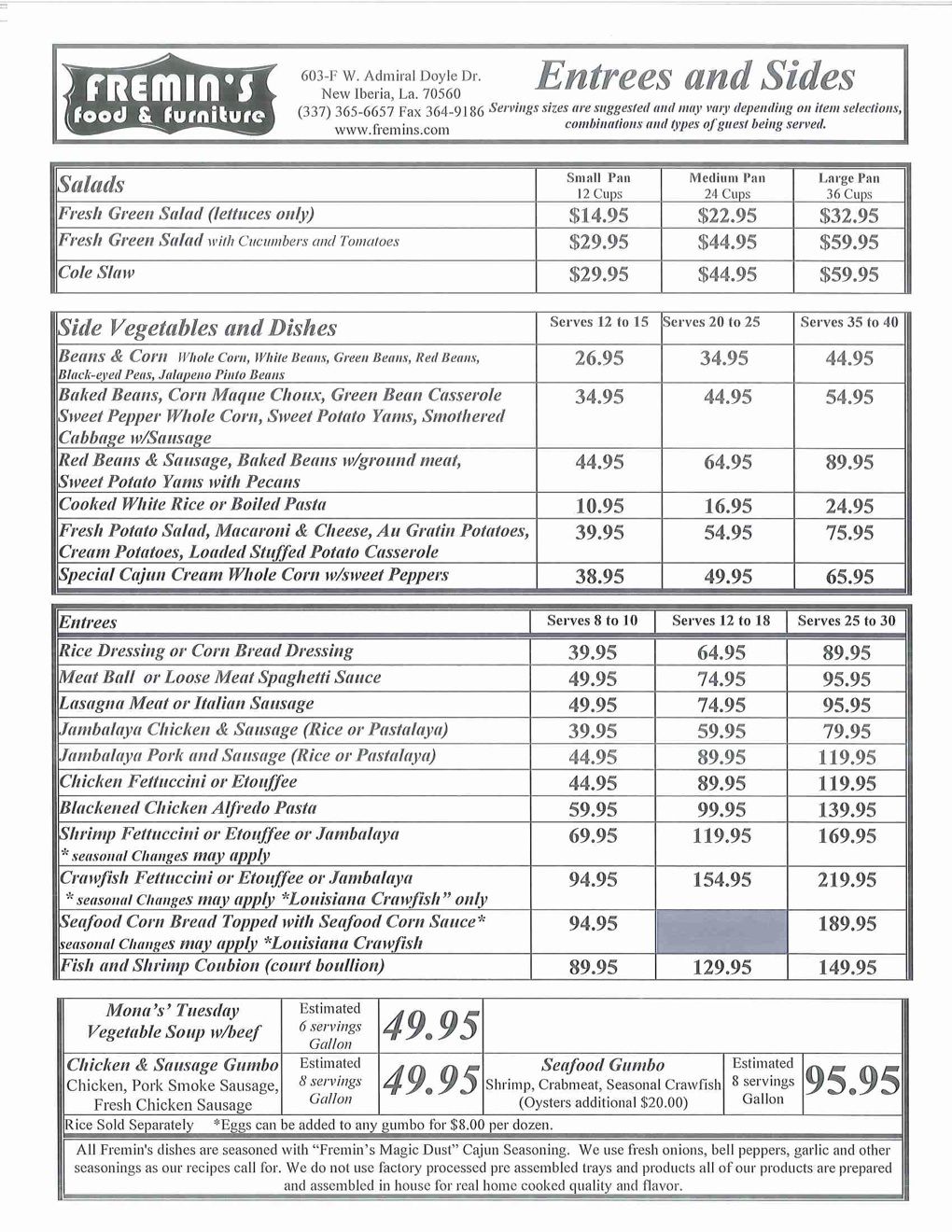 The Menu We Offer Fremin's Food and Furniture