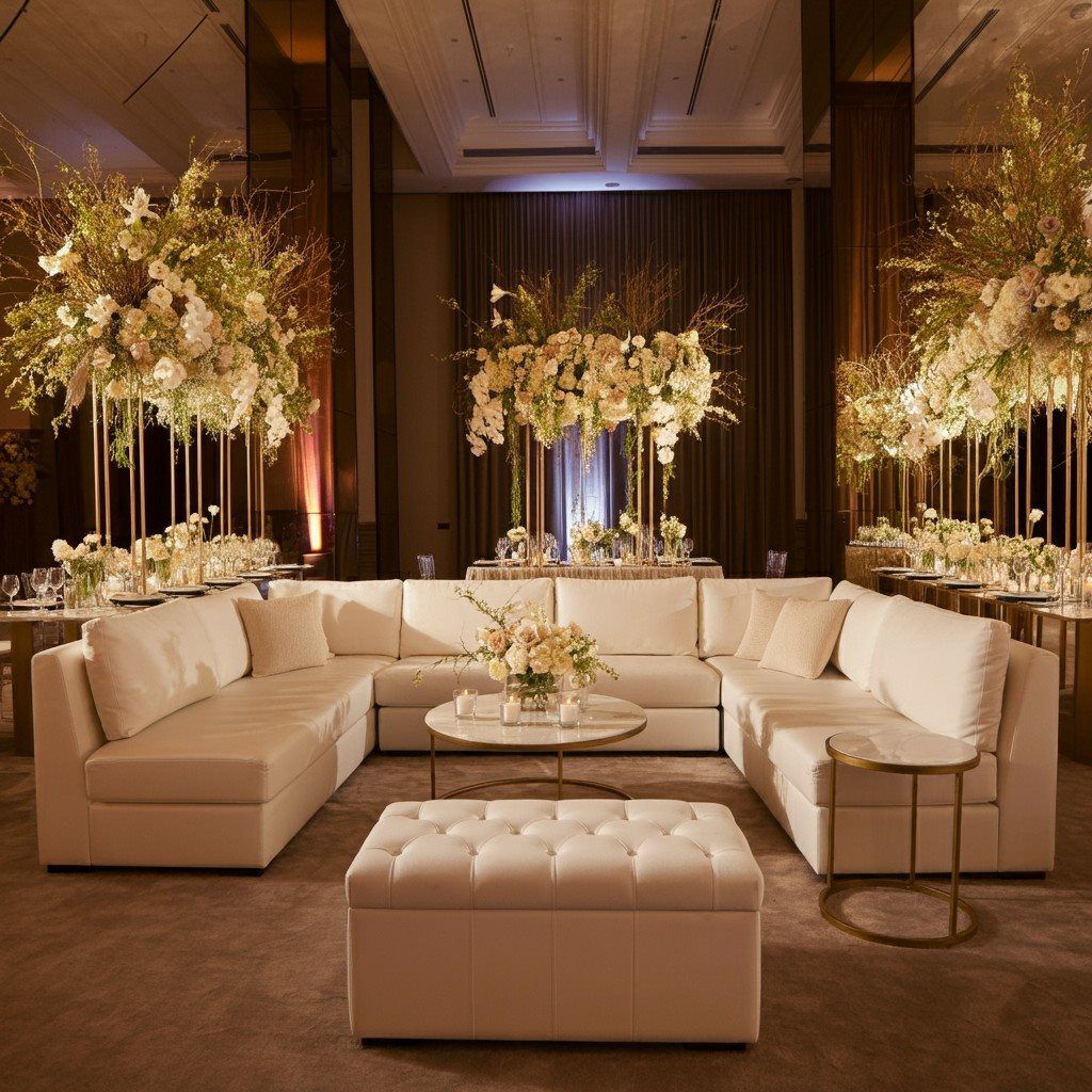 Elegant wedding reception lounge with modern white sofas, luxe floral centerpieces, and sophisticated off-white décor – Weddings by K’Mich event inspiration.