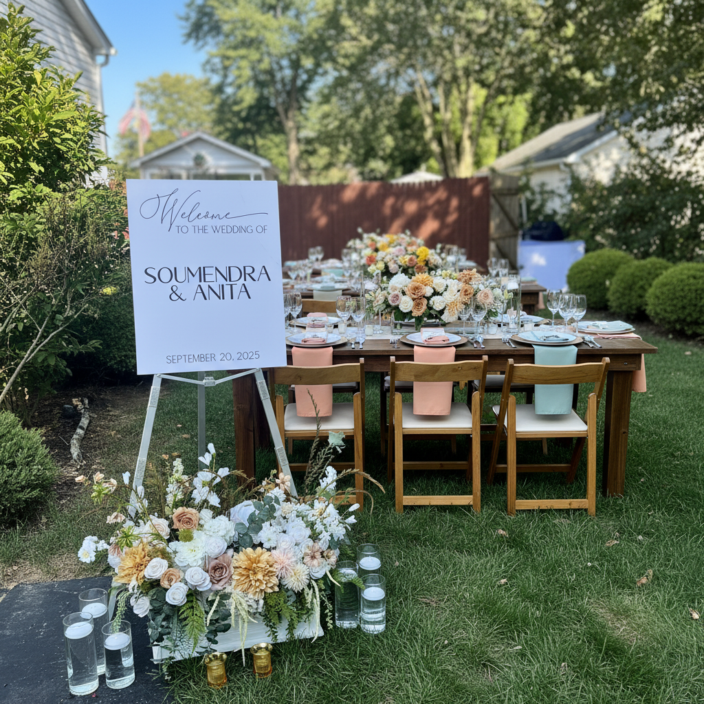 Intimate backyard wedding for Anita & Soumendra (Sept 20, 2025). Welcome sign, wood table, blush and gold florals, and candle vases. Fully coordinated by Weddings & Events by K'Mich