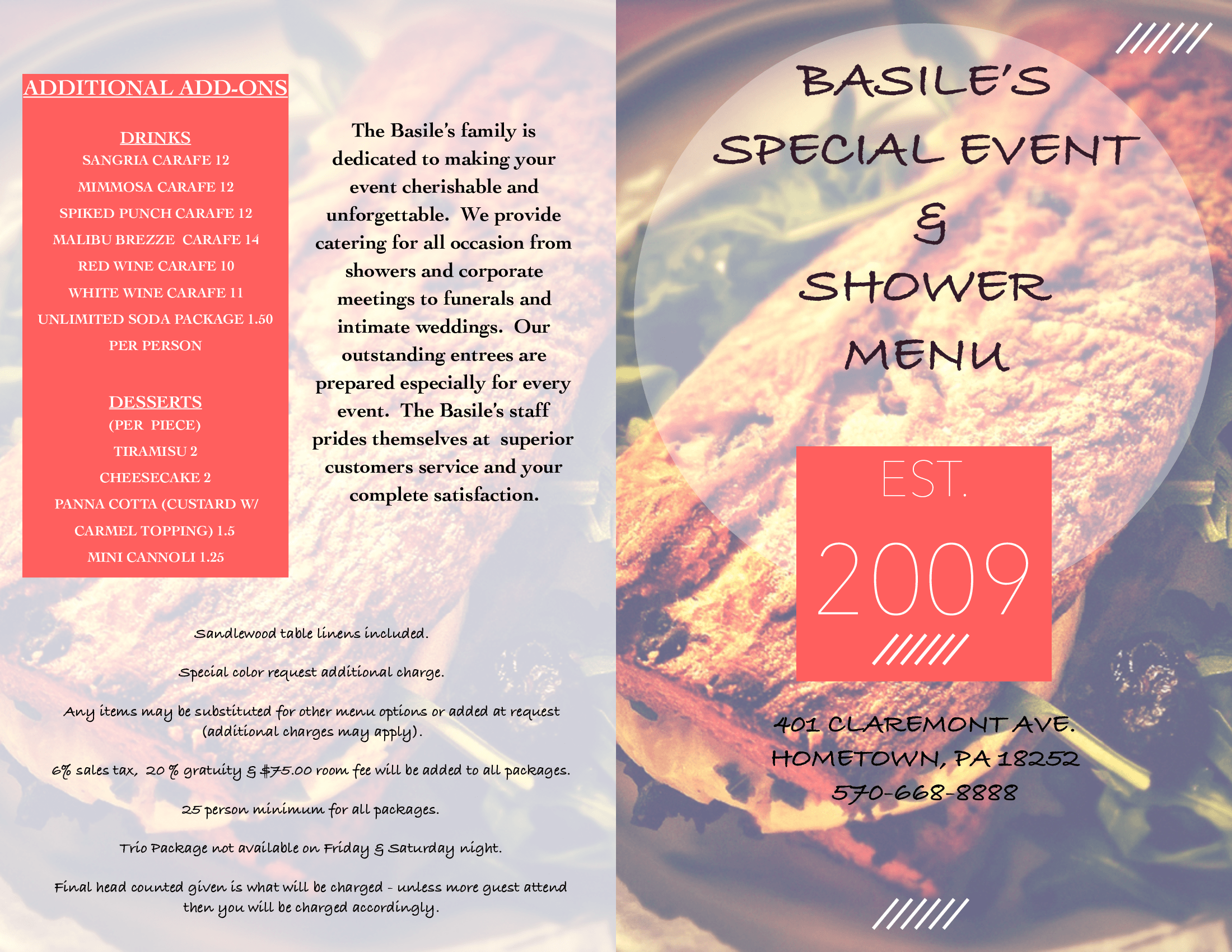 Special Event Menu Basile Italian Delight Restaurant