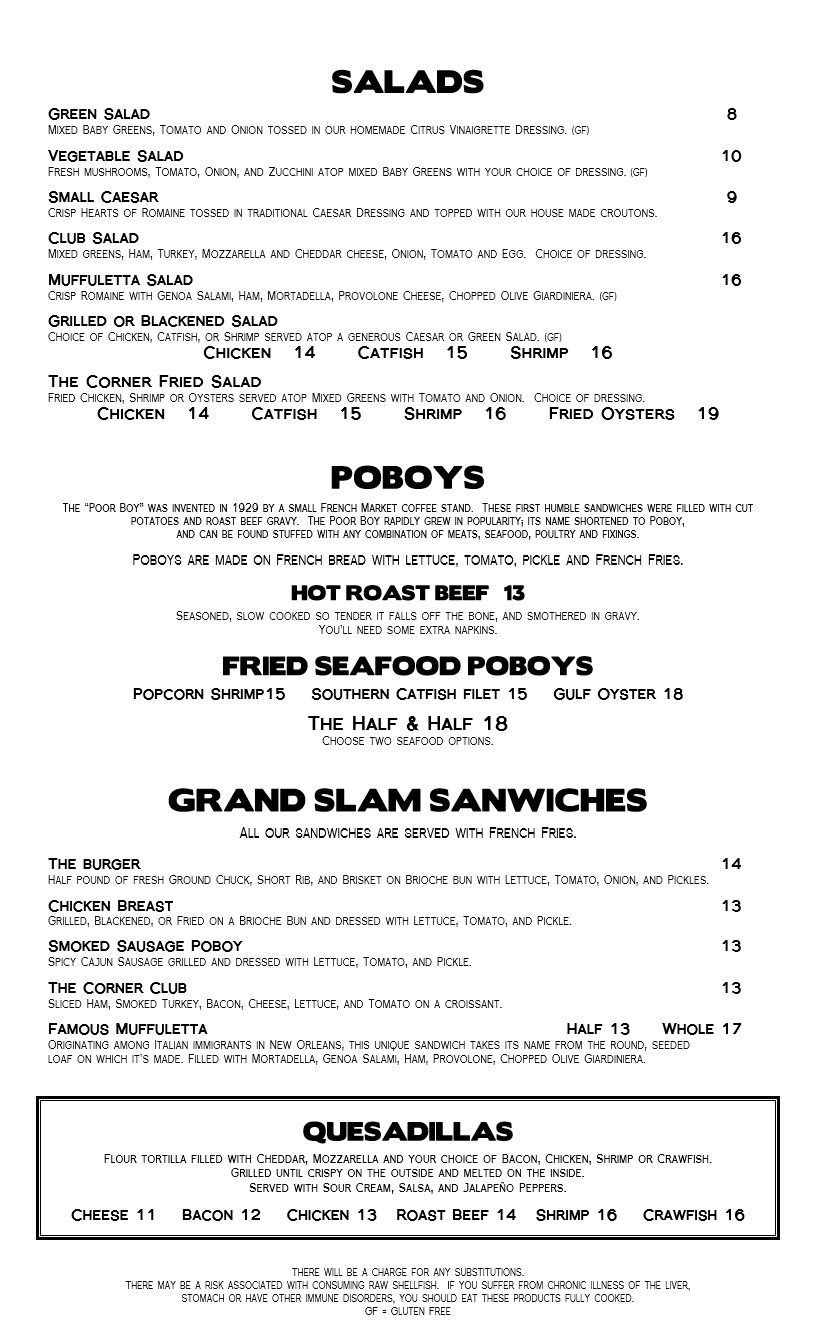 Sports Bar Menu Corner Oyster House