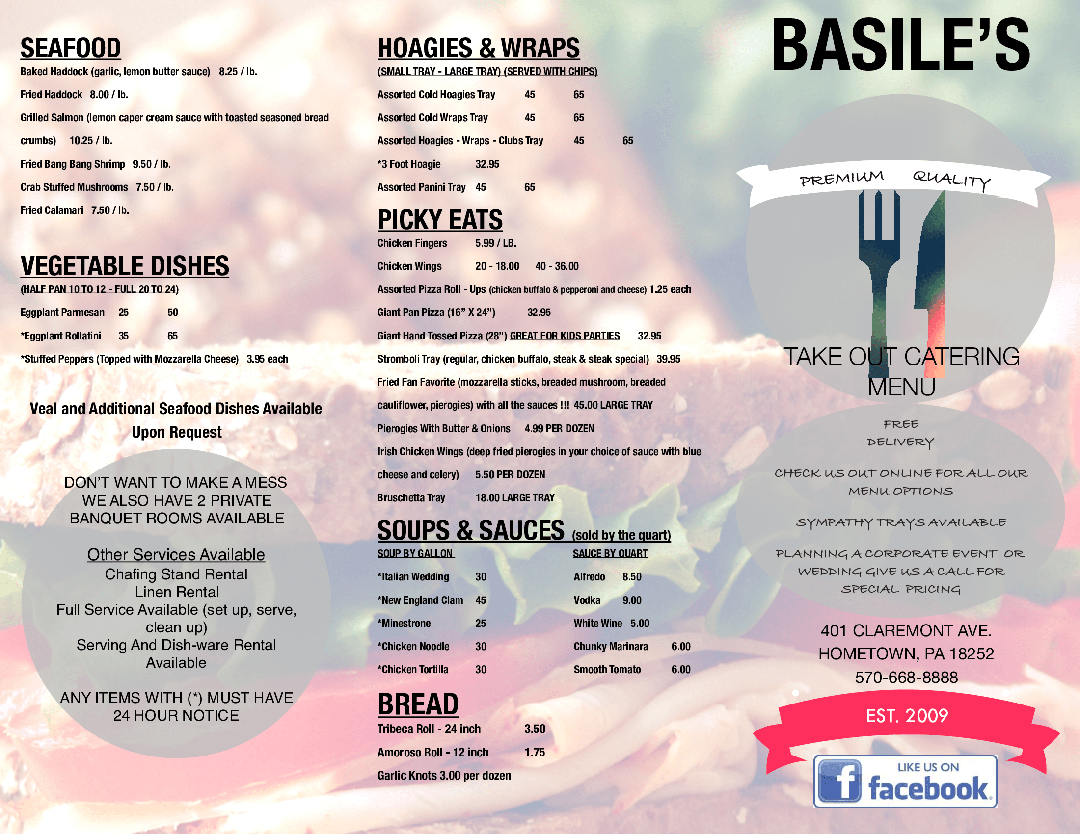 Takeout Catering Menu Basile Italian Delight Restaurant