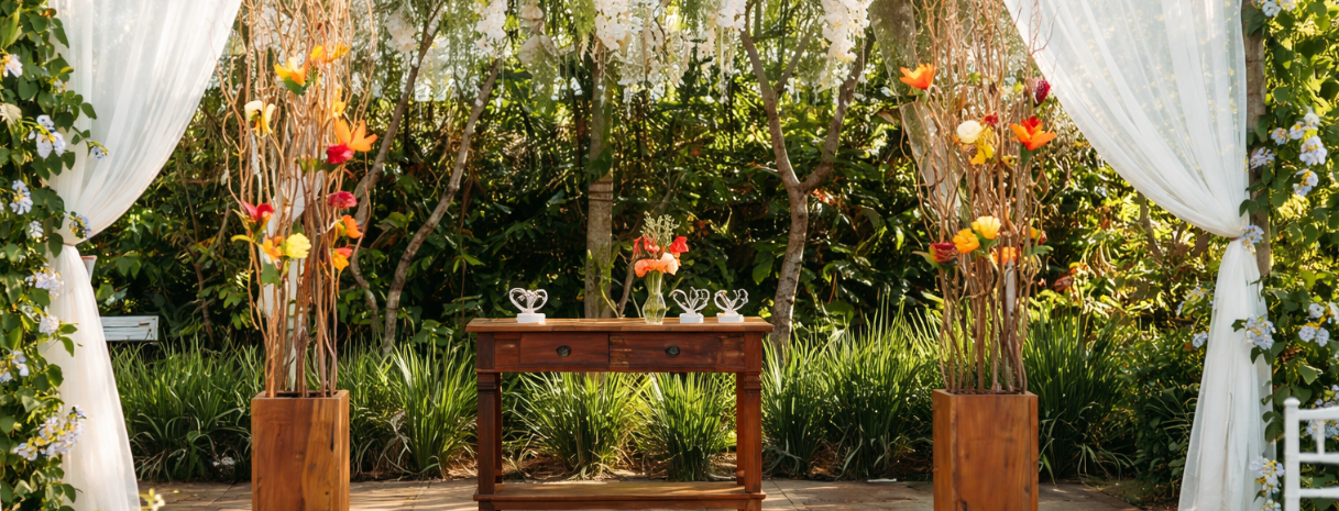 A modern garden wedding ceremony altar styled with soft white draping, organic florals, and natural wood accents, showcasing a contemporary bridal party ceremony that forgoes traditional groomsmen.