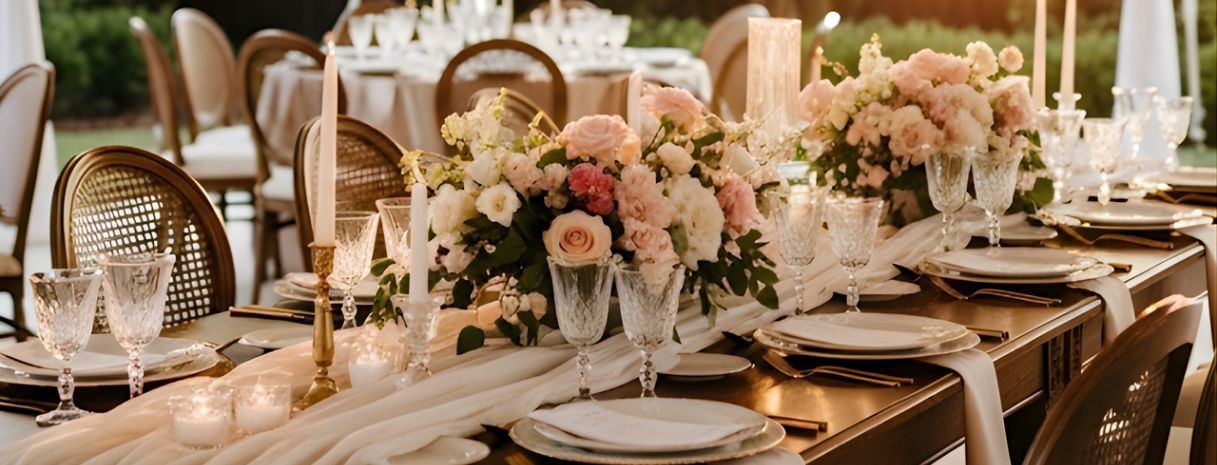 Elegant outdoor wedding reception table with blush floral centerpieces, candlelight, and gold place settings styled by Weddings & Events by K’Mich in Philadelphia.