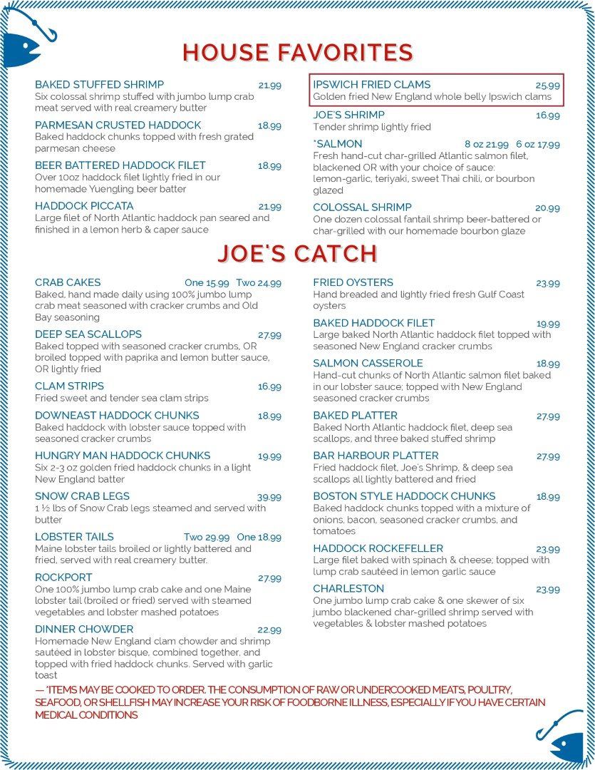 Menu Joe Fish Casual Seafood