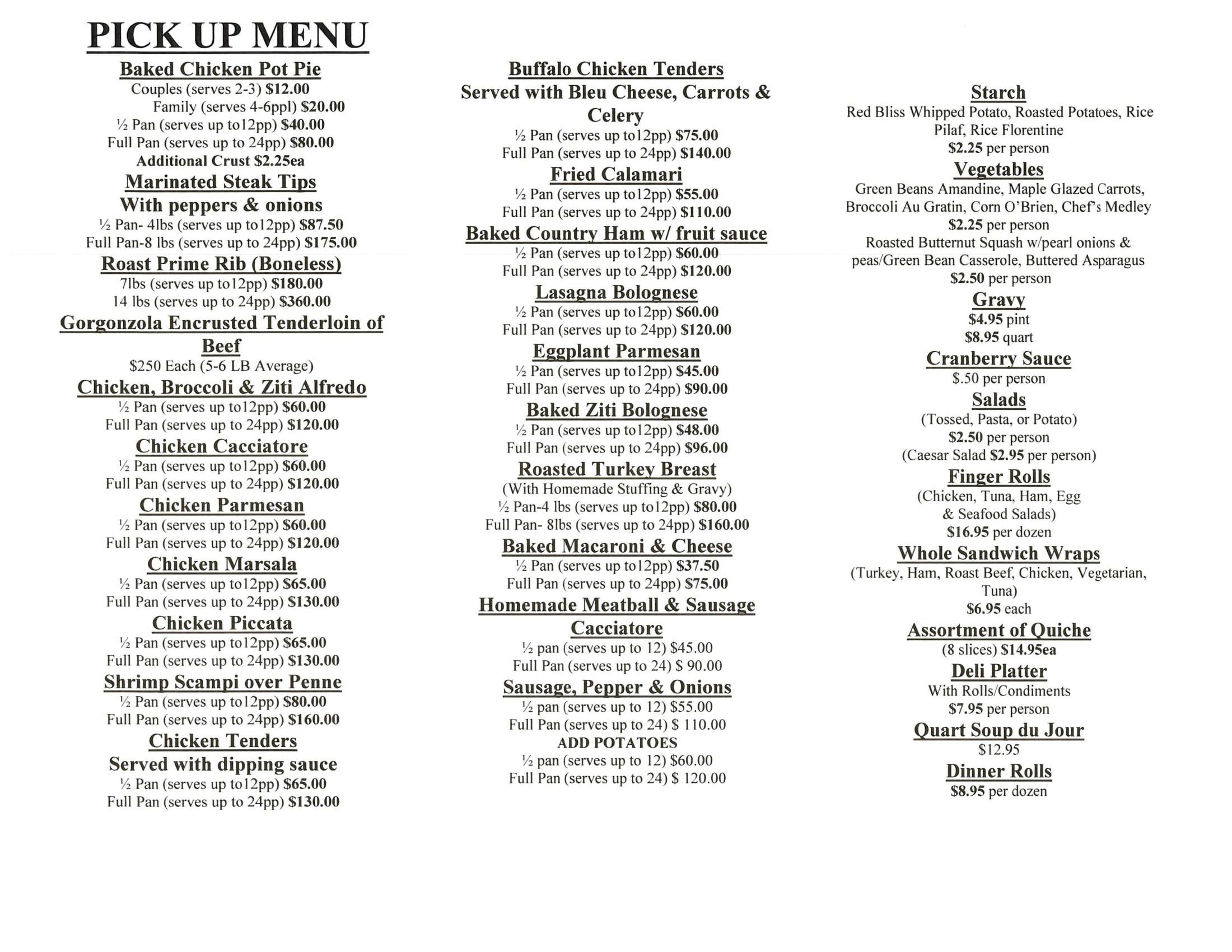 Pan Menu Lenzi Catering Dracut, MA 01826