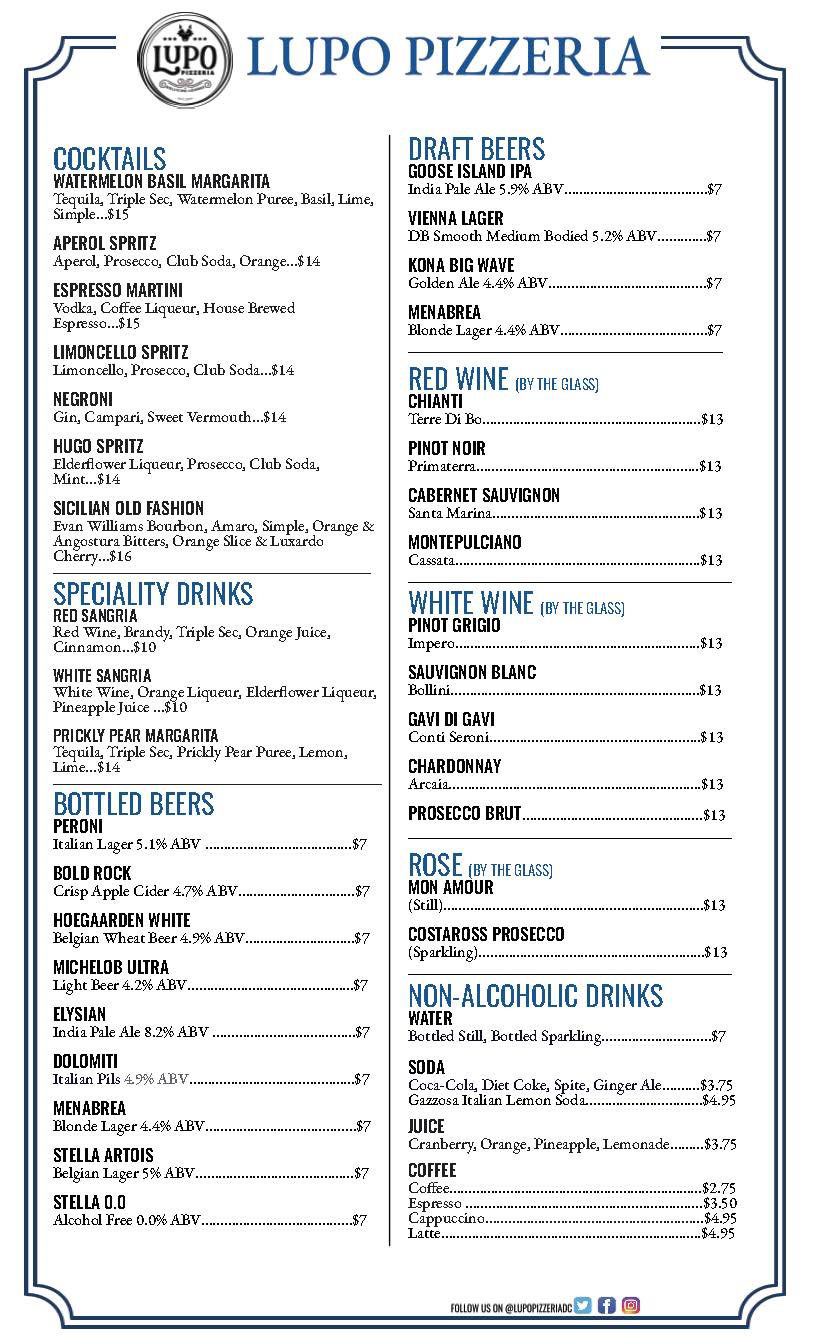 Bar Menu Lupo Pizzeria