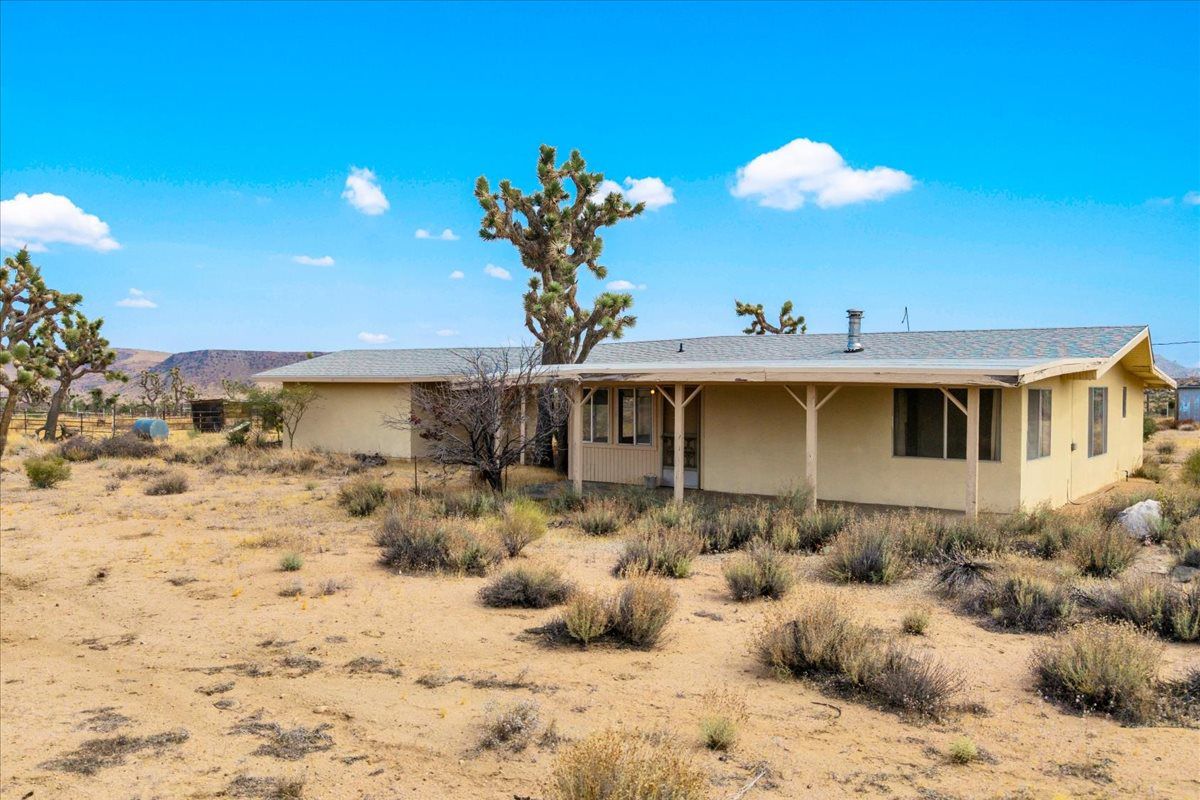 Single-story desert home surrounded by native shrubs and Joshua trees beneath a bright blue sky.