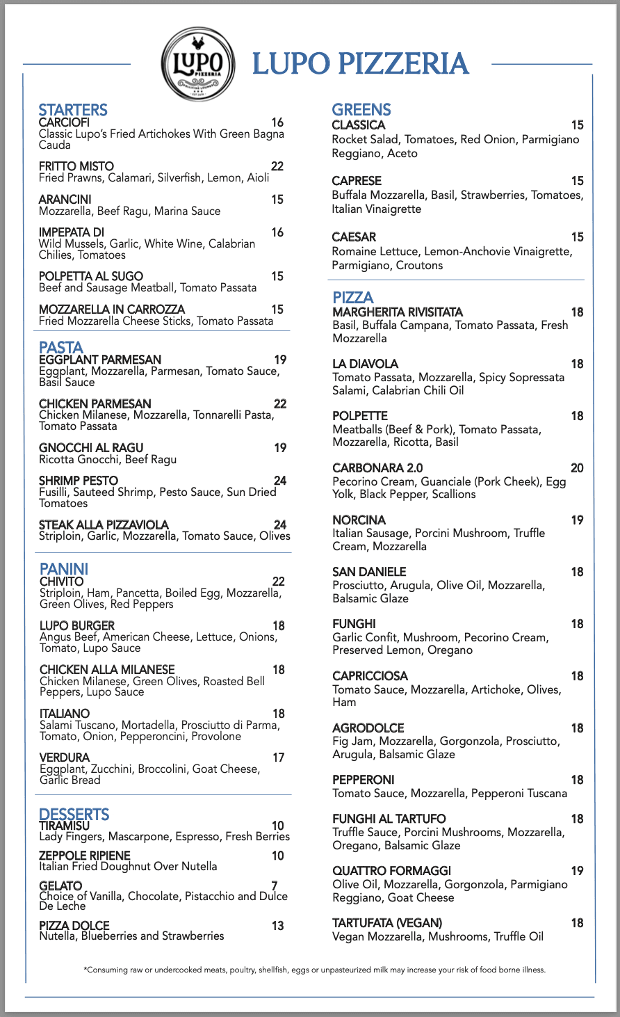 Main Menu Lupo Pizzeria